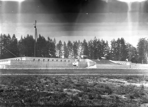 A black and white image of the Legislative Building's foundation, which consists of large granite steps and short stone walls and flooring. Tall evergreen trees are visible in the background.